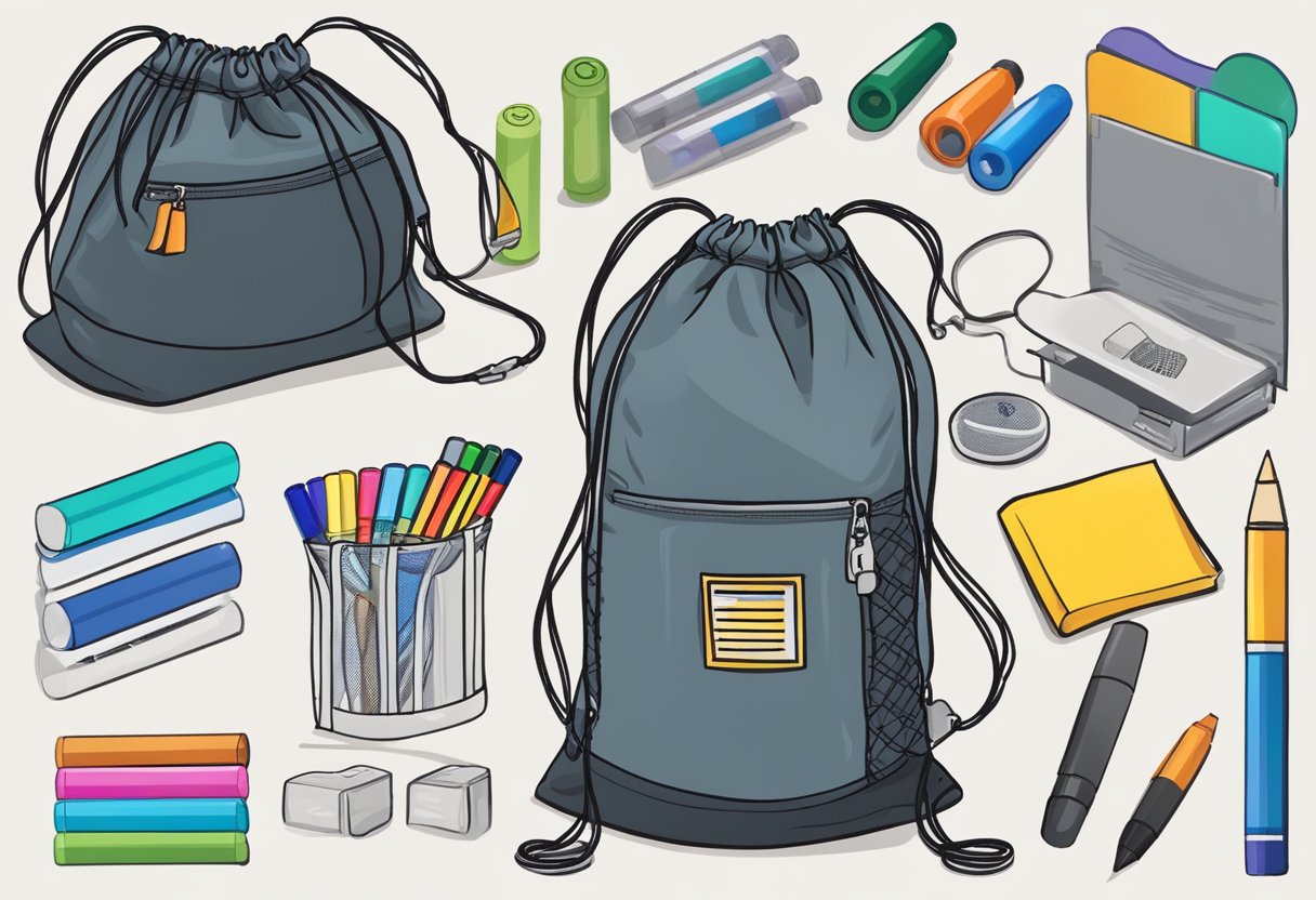 A drawstring bag lies open with customizable options, surrounded by markers and patches