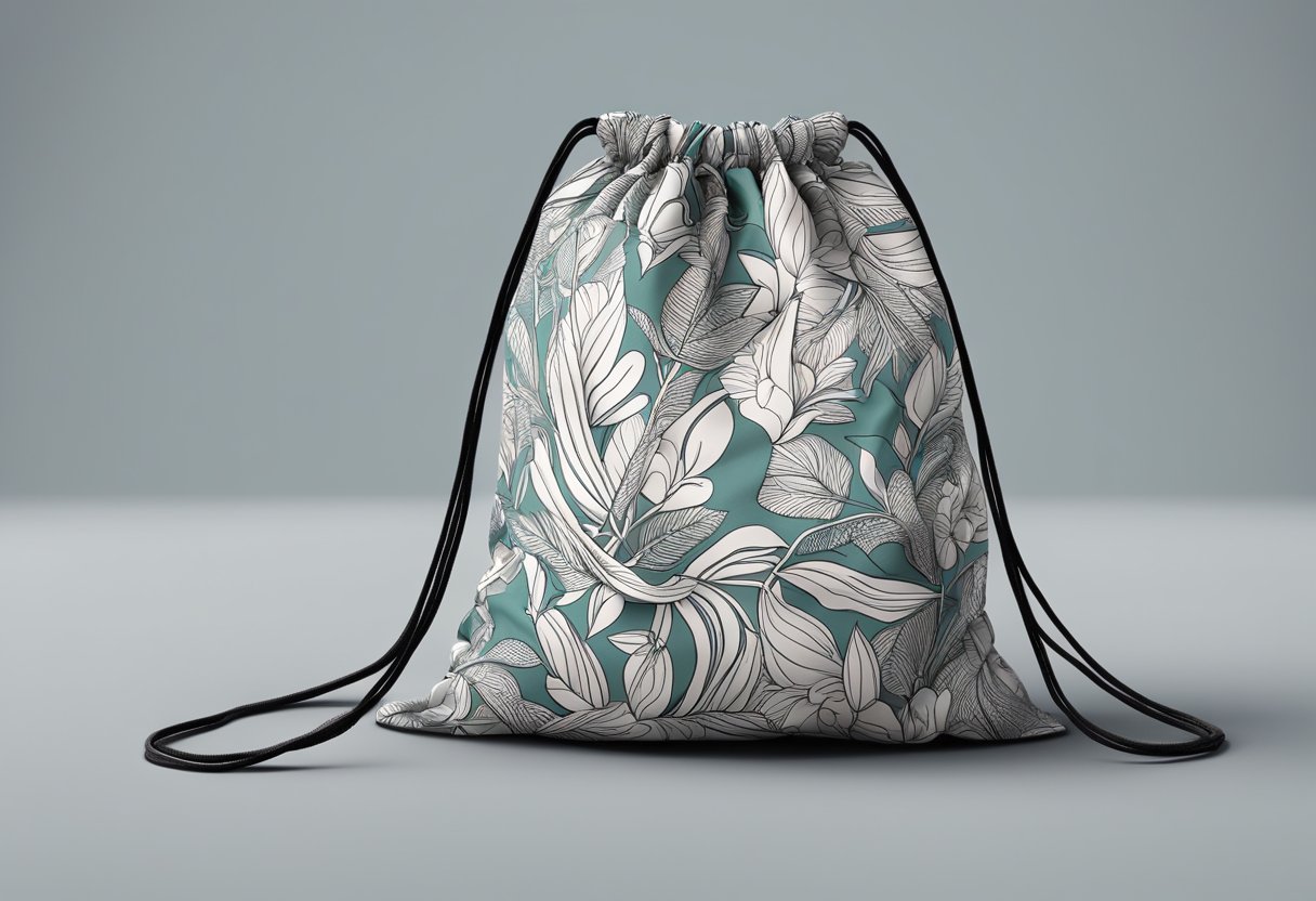 A drawstring bag lies open on a table, surrounded by various design options and materials. The bag is customizable with space for logos or patterns