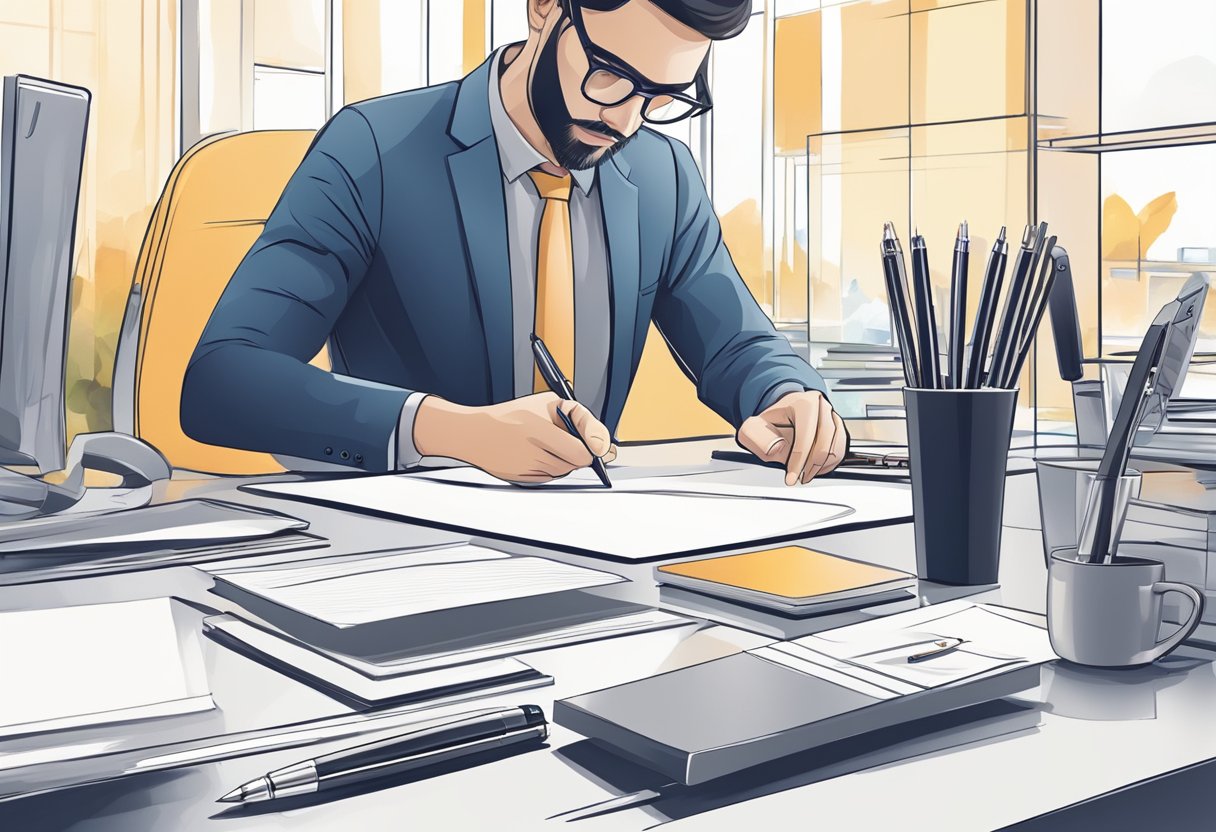 A hand reaches for a sleek stylus pen among a selection of corporate gifts, with the focus on the stylus and its elegant design