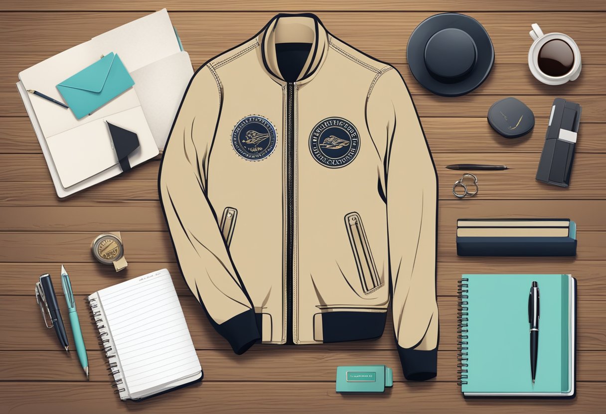 A vintage jacket with a corporate logo sits on a polished wooden desk, surrounded by elegant stationary and a sleek pen