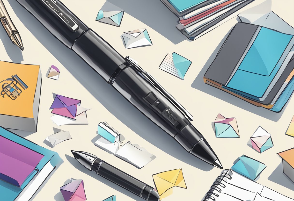 A stylus pen and a pile of corporate gifts with "Frequently Asked Questions" printed on them