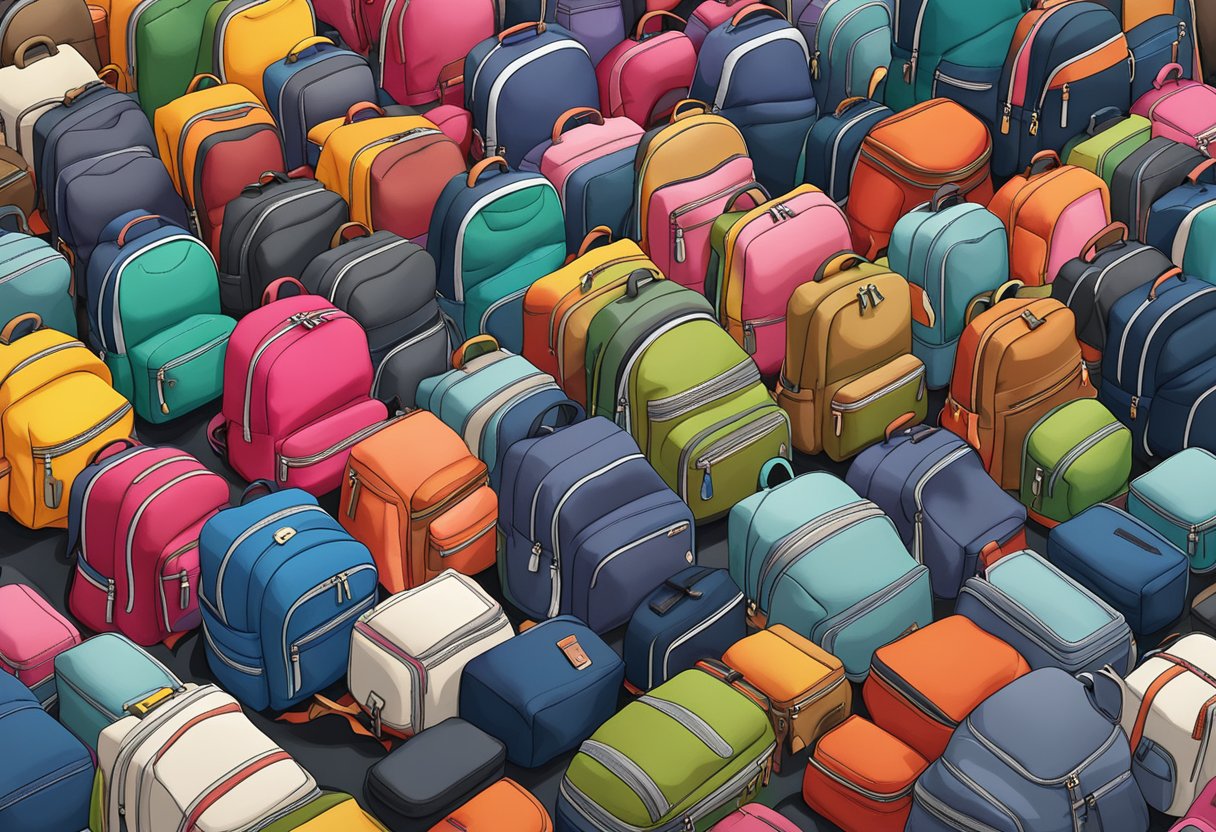 A table filled with branded backpacks, surrounded by curious customers