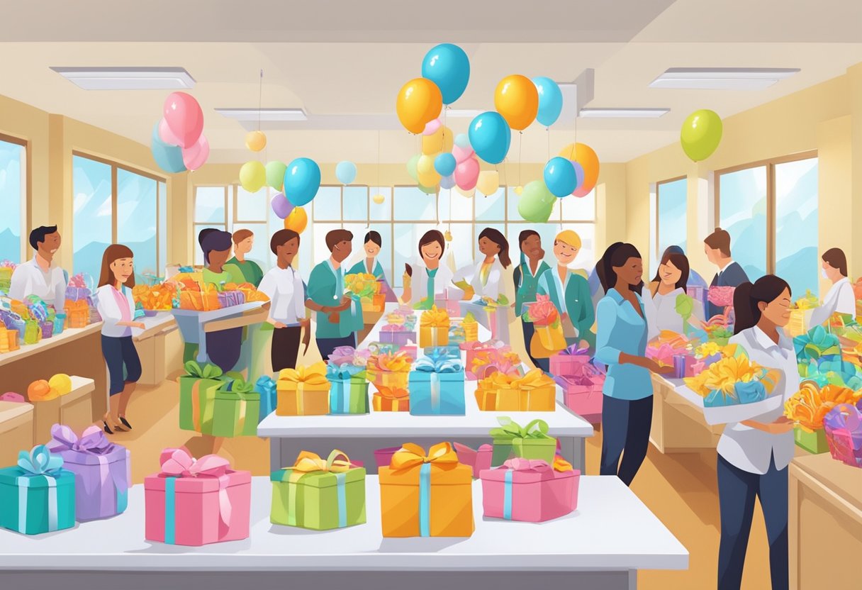 A table filled with neatly arranged corporate baby gift baskets, with colorful ribbons and tags, surrounded by happy employees