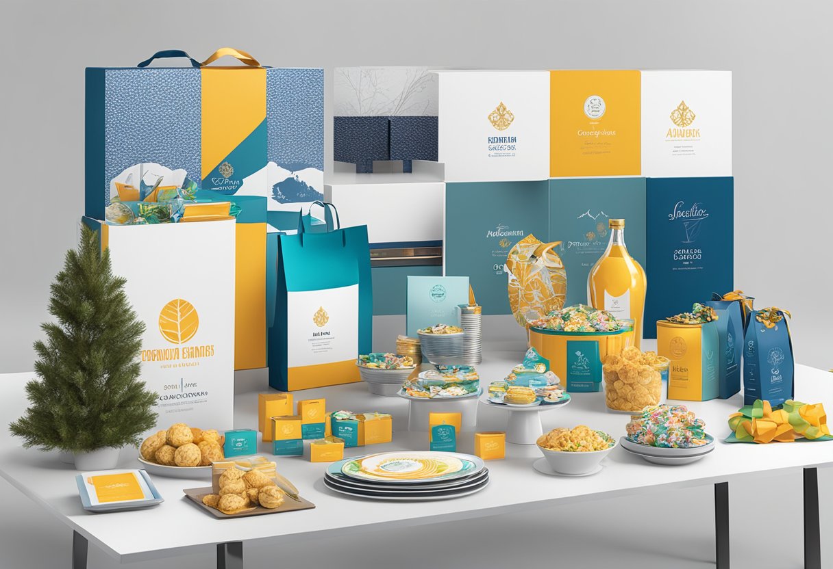A table with various corporate event gift options displayed, including branded merchandise and elegant gift baskets