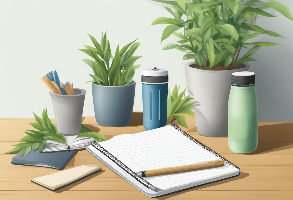 A table with reusable water bottles, bamboo utensils, and recycled notebooks. A plant in a biodegradable pot sits in the corner