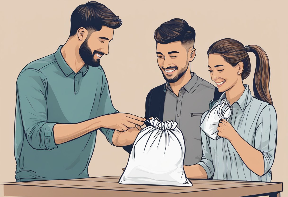 A table displays various drawstring bags with customizable designs. A customer points to a bag while a salesperson explains the customization options