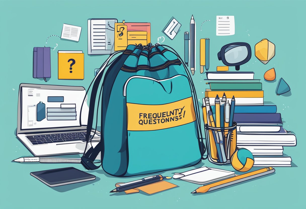 A drawstring bag with "Frequently Asked Questions" text, surrounded by customizable elements like pens, paper, and computer icons