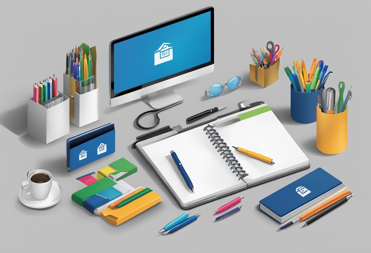 A table with various branded corporate gifts under $5, such as pens, keychains, and notebooks. A company logo is prominently displayed on each item