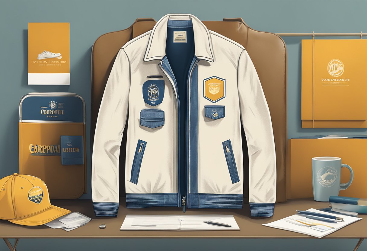 A vintage jacket with corporate branding options displayed on a table