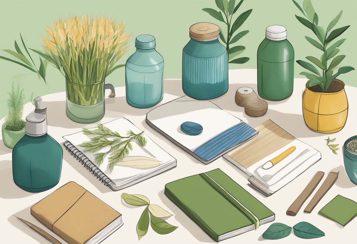 A table adorned with sustainable gift options: reusable water bottles, bamboo utensils, recycled notebooks, and plantable seed paper