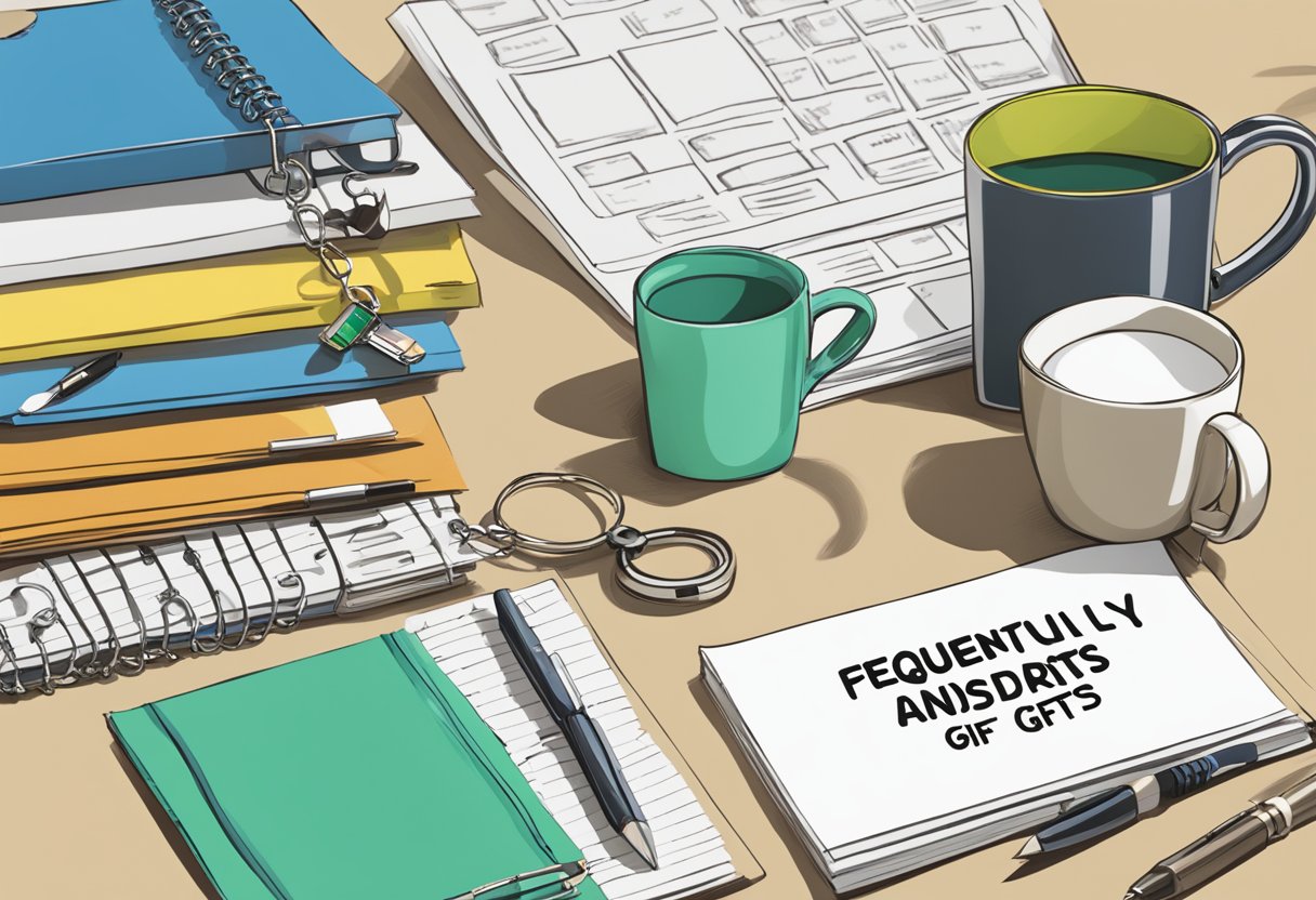 A table with various corporate gifts under $5, such as mugs, pens, and keychains, displayed neatly with a sign reading "Frequently Asked Questions corporate gifts under 5."