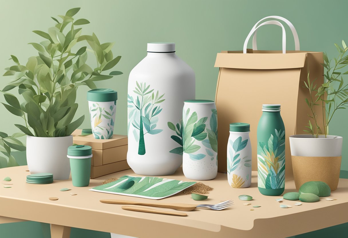 A table adorned with sustainable gifts: reusable water bottles, bamboo utensils, and plantable seed paper. Eco-friendly packaging and recycled materials are visible