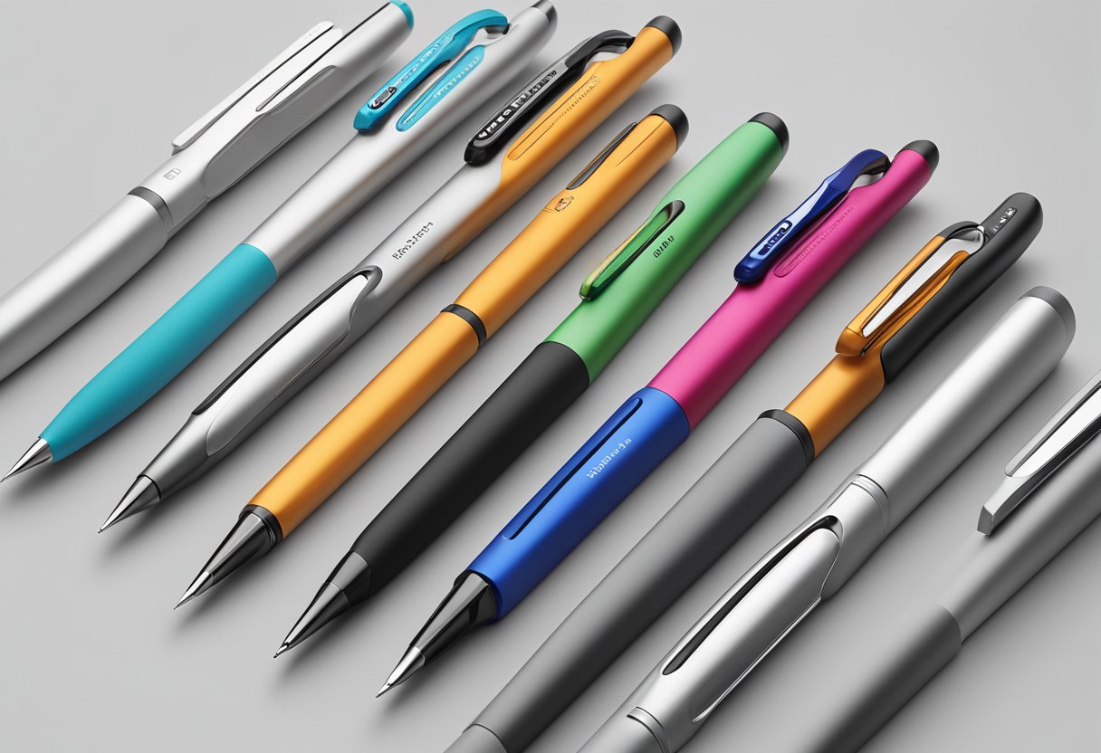 A sleek inkless pen sits atop a stack of corporate gifts, with the company logo prominently displayed on each item