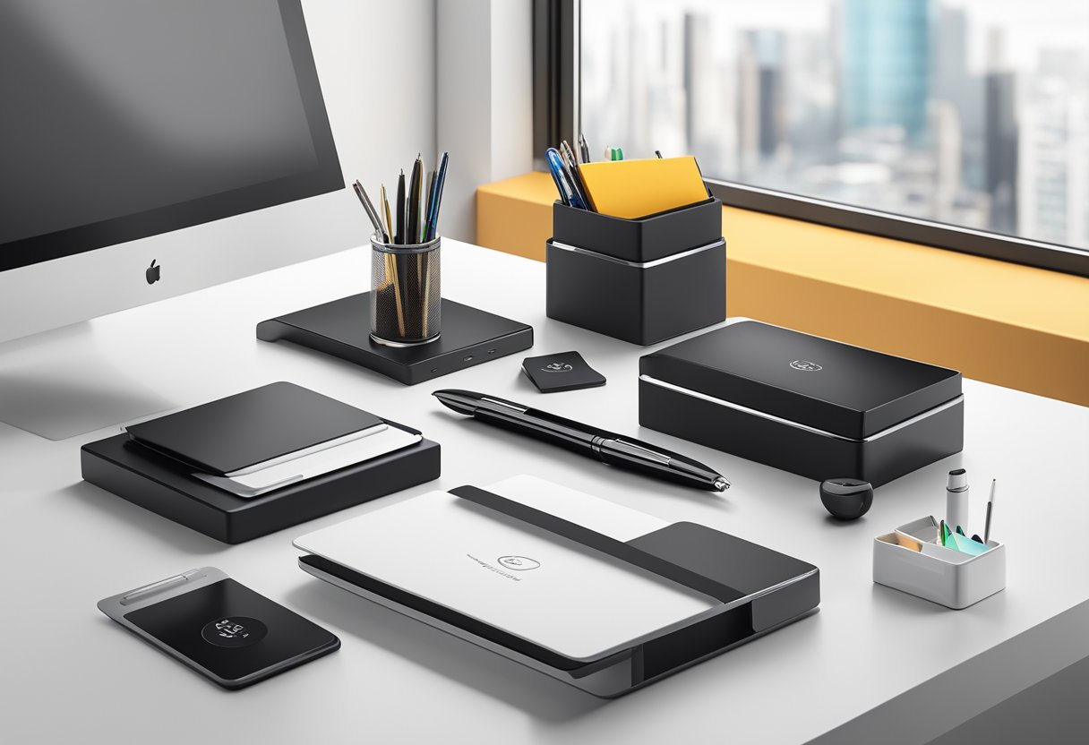 A sleek, modern desk with a branded inkless pen in a stylish pen holder, surrounded by other high-end corporate gifts