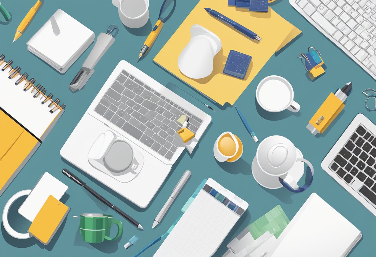 A hand holding an inkless pen, surrounded by various corporate gifts such as branded notebooks, mugs, and USB drives