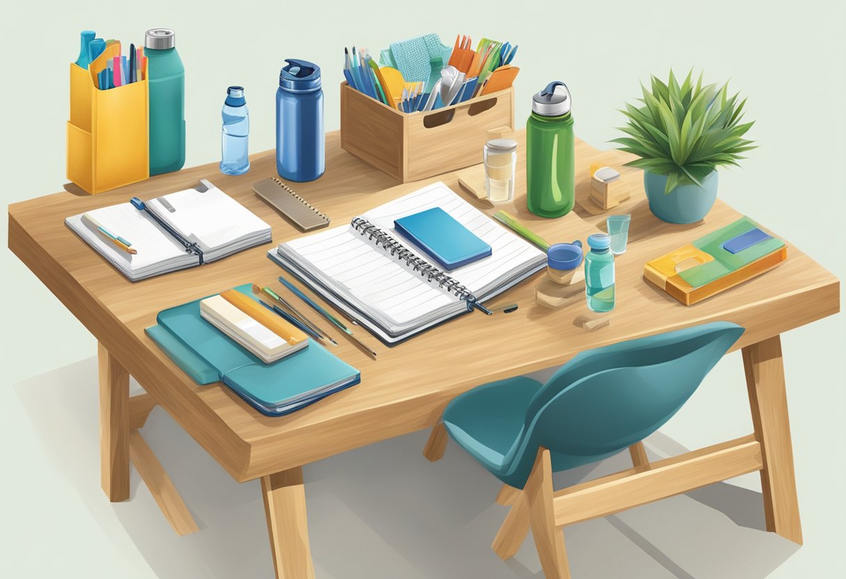 A table with various eco-friendly corporate gift items, such as reusable water bottles, recycled notebooks, and bamboo utensils, displayed in an organized and appealing manner