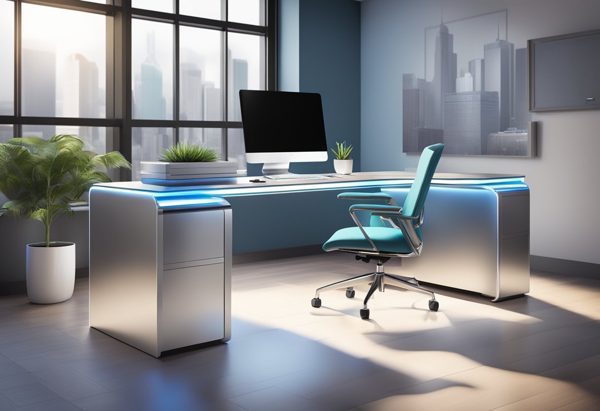 A sleek, modern office desk adorned with a high-tech electronic corporate gift, featuring a polished finish and glowing LED display