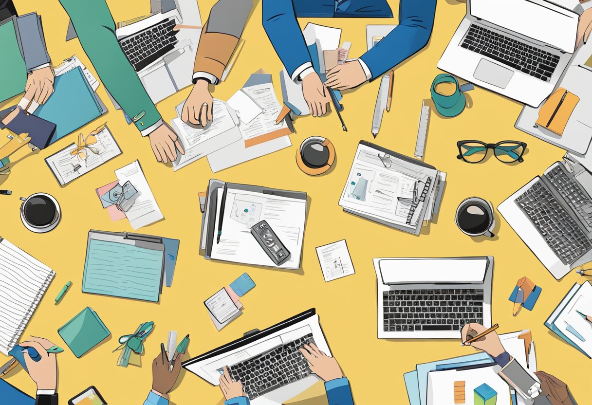 A table with a variety of corporate gifts including inkless pens, surrounded by a group of people with question marks floating above their heads