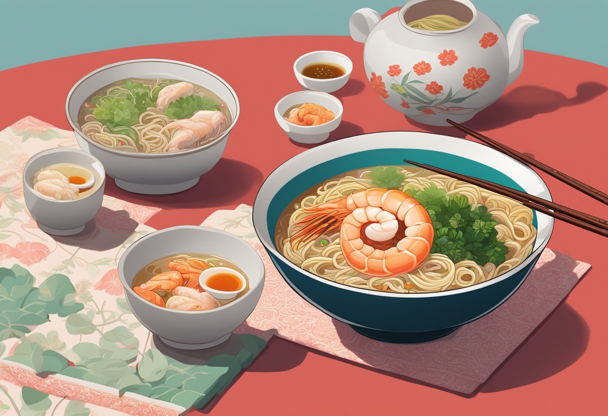 A steaming bowl of Macpherson Prawn Noodle, filled with succulent prawns, tender noodles, and fragrant broth, sits on a vibrant red tablecloth. A pair of chopsticks rests beside the bowl, ready to dive into