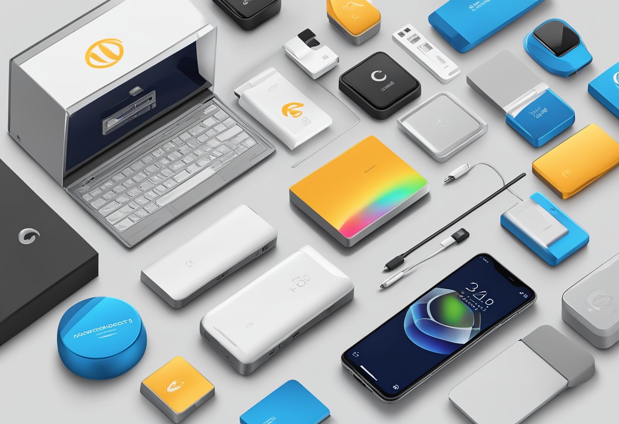 A sleek, modern electronic device with a company logo prominently displayed, surrounded by customized packaging and branded accessories