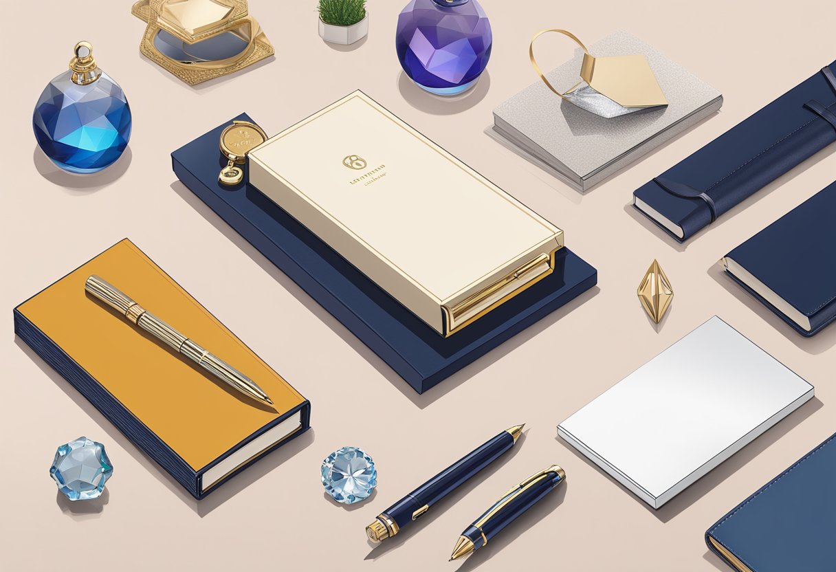A table adorned with luxury items: branded pens, leather notebooks, and crystal paperweights. A sleek gift box sits nearby