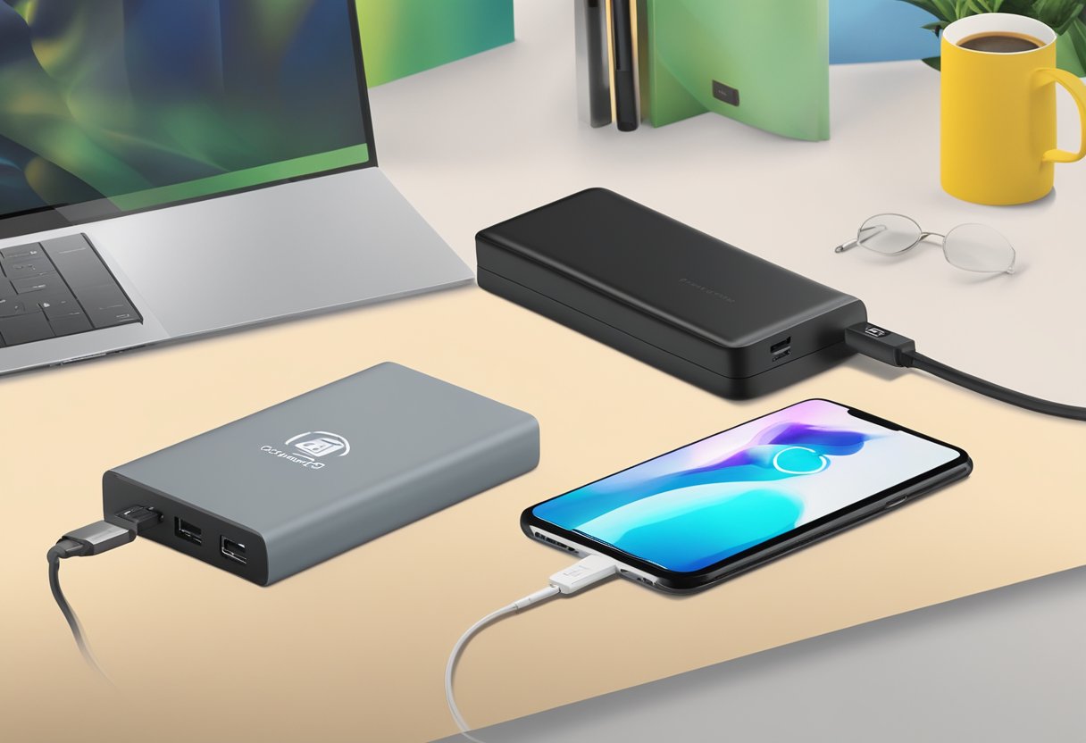 A sleek powerbank sits among branded corporate gifts on a desk. The logo is prominently displayed, and the powerbank is surrounded by other high-quality items