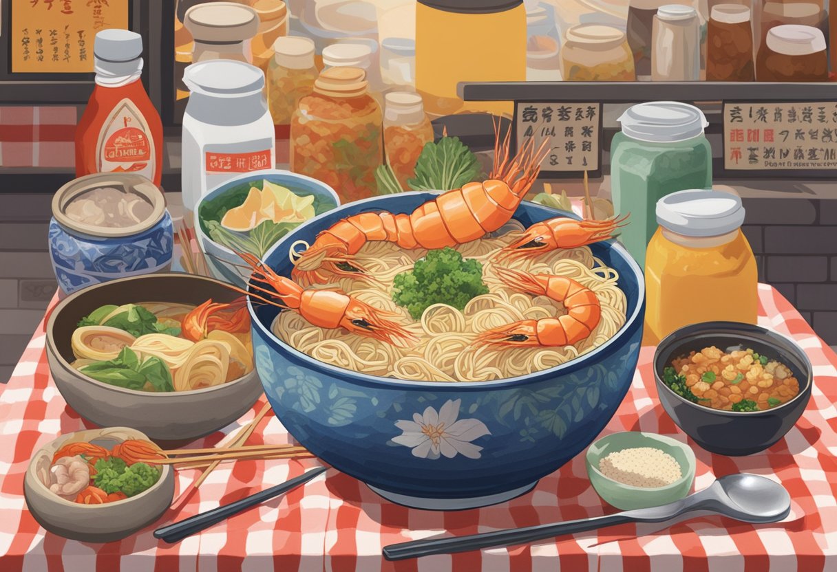 A steaming bowl of Macpherson prawn noodle sits on a checkered tablecloth, surrounded by condiments and utensils. A sign reading "Frequently Asked Questions" hangs above the bustling hawker stall