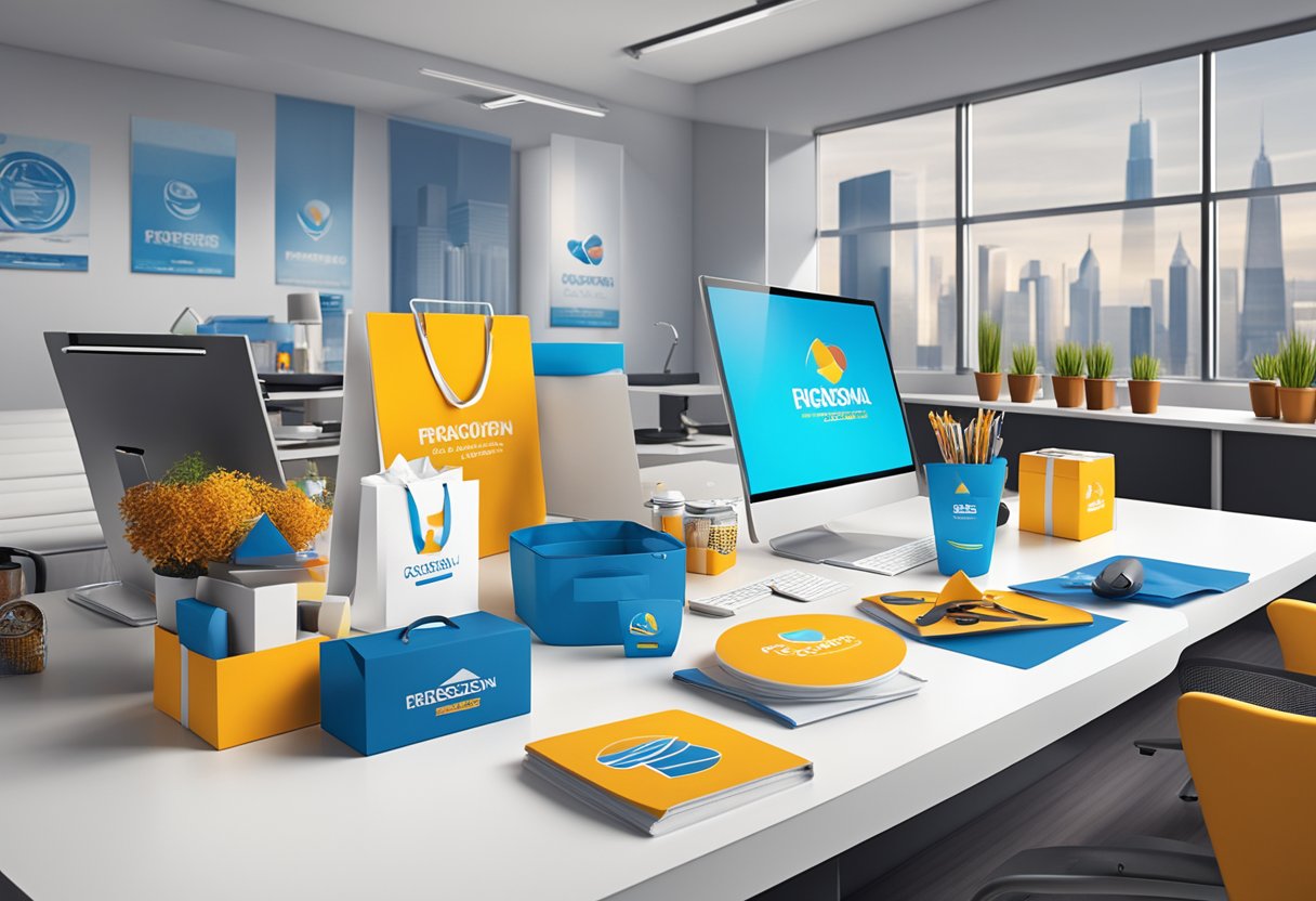 A table with branded merchandise and gift baskets displayed in a modern office setting, with a backdrop of corporate logos and a professional atmosphere