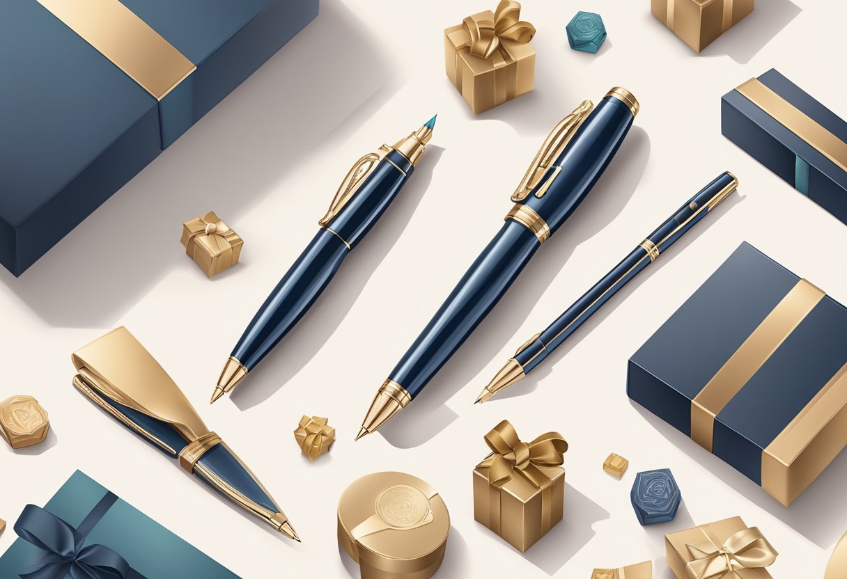 A hand reaches for a luxurious pen set, surrounded by elegant gift boxes and branded packaging