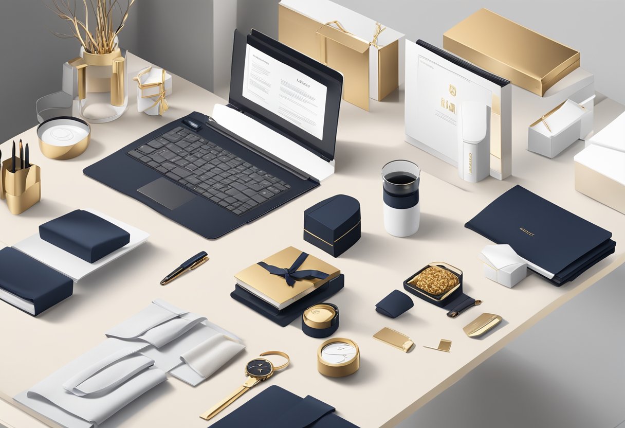 A table with various corporate gifting products neatly arranged, including branded items, luxury goods, and personalized gifts. A professional setting with a sleek and modern aesthetic