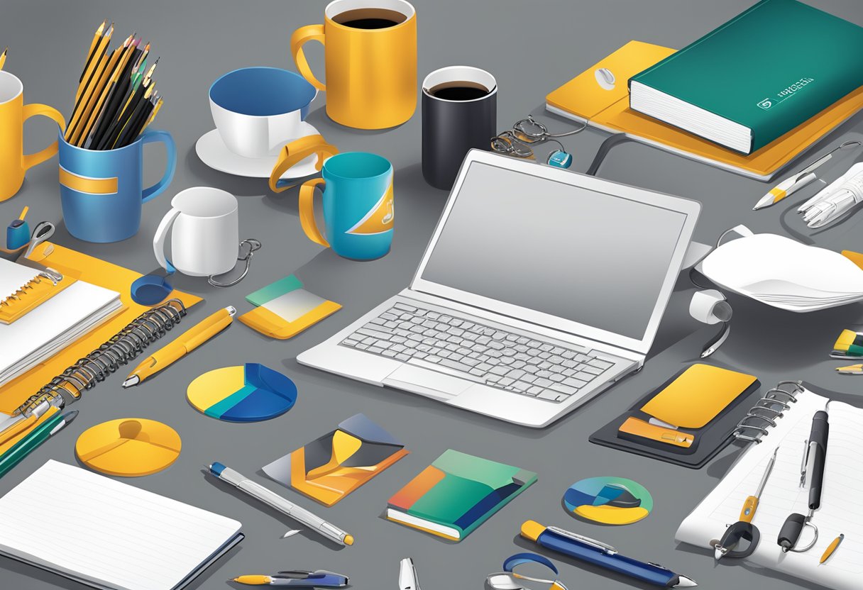 A table with branded merchandise: pens, notebooks, mugs, and keychains. A backdrop of the company logo and colors