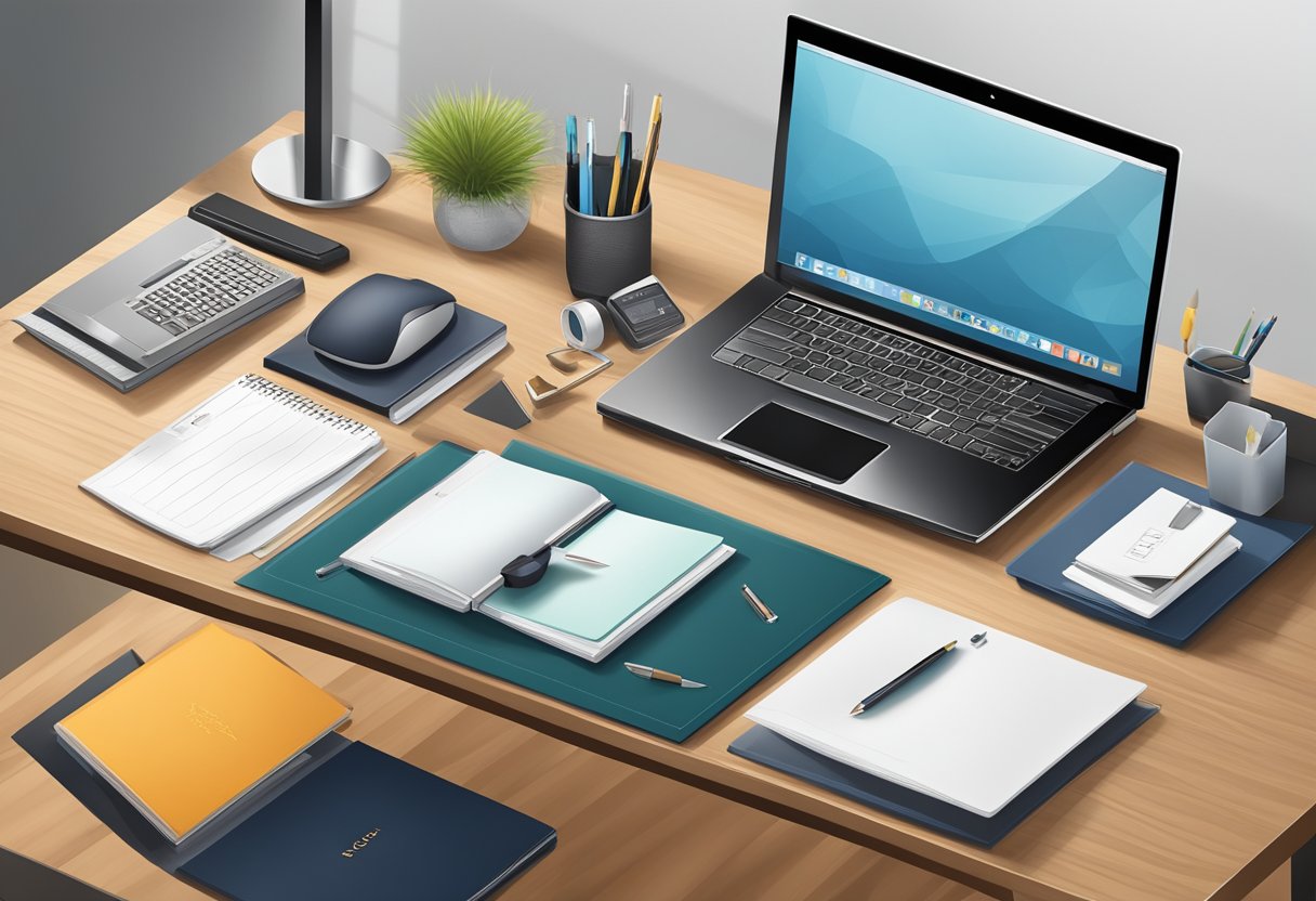 A sleek office desk adorned with a variety of high-end corporate gifts, including personalized items and branded merchandise, arranged in an elegant and professional manner