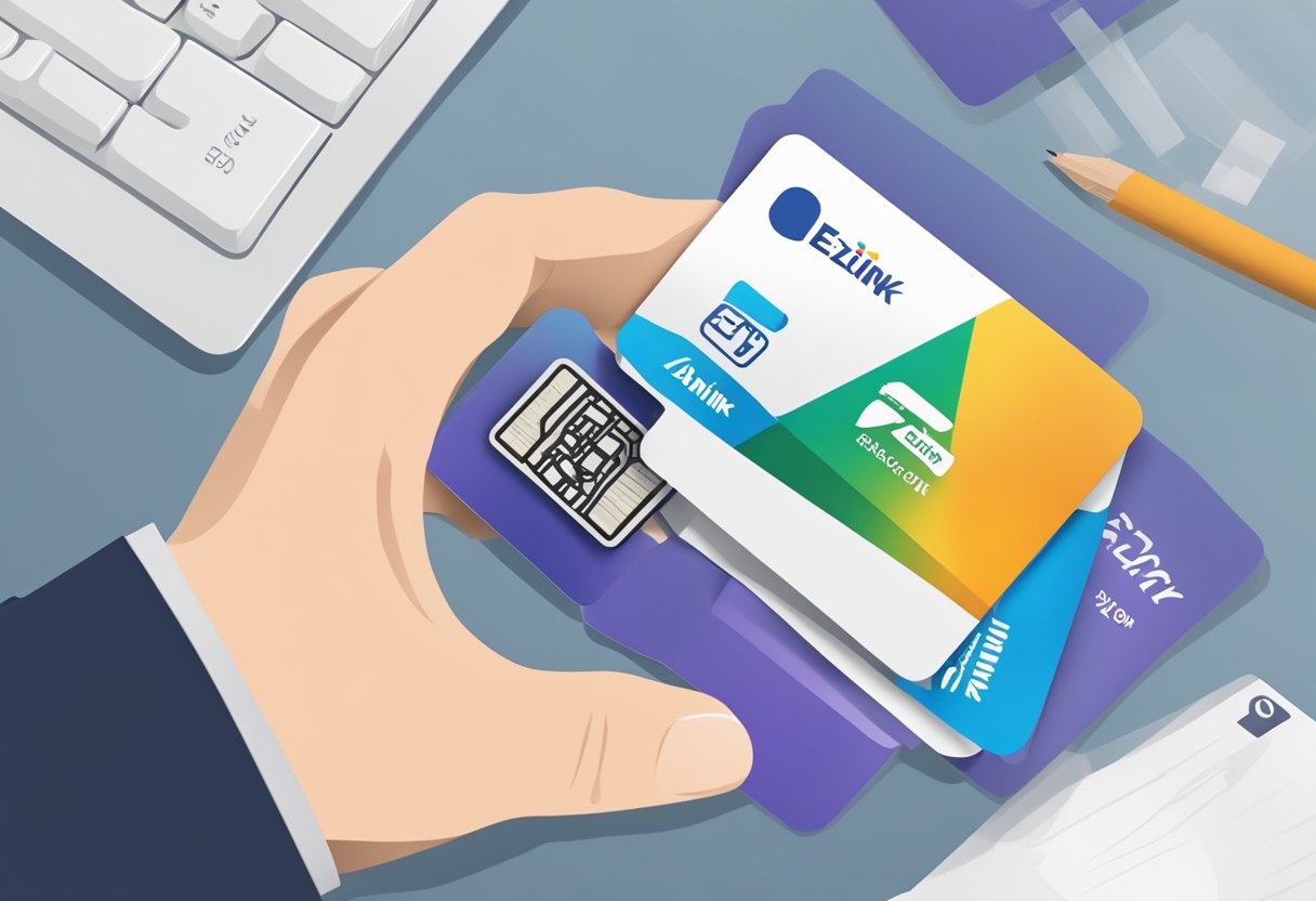 A hand holding a customized ezlink card with corporate branding and design elements