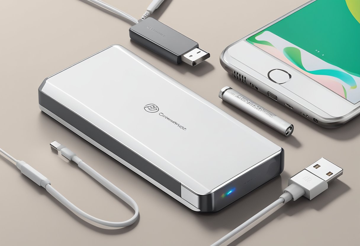 A sleek powerbank sits on a polished desk, branded with a company logo. It is surrounded by elegant packaging and a handwritten note