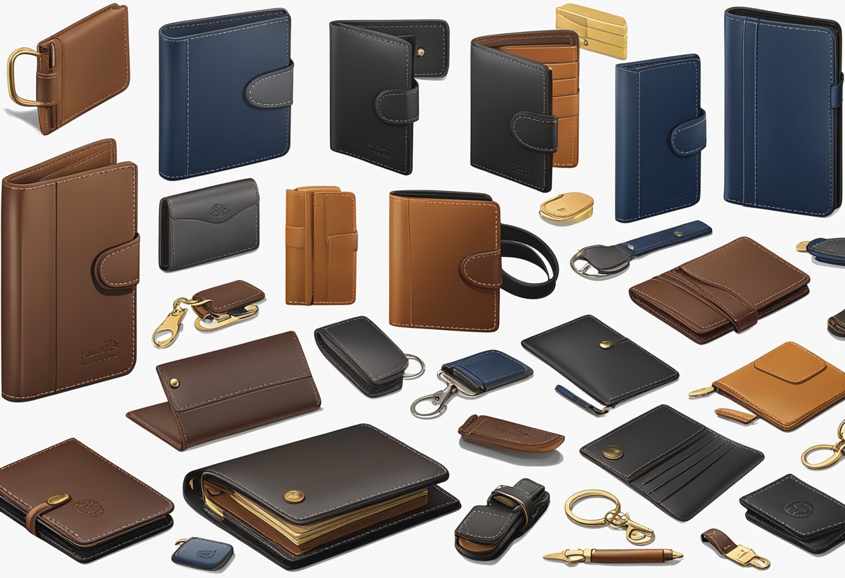 A table displays various leather corporate gifts: wallets, notebooks, and keychains. A company logo is subtly embossed on each item