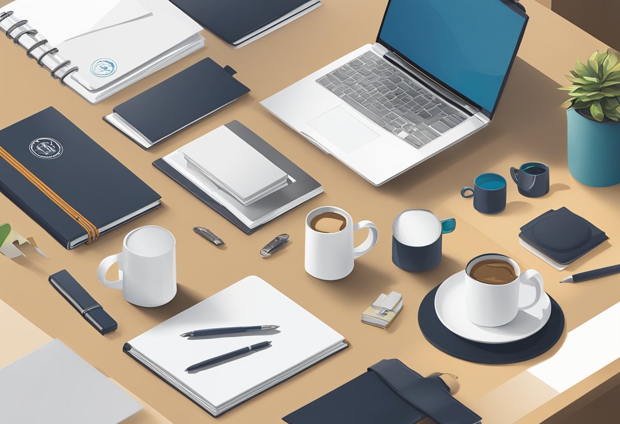 Corporate gifts spread out on a table, with branded items like mugs, notebooks, and pens neatly arranged. A company logo is prominently displayed on each item