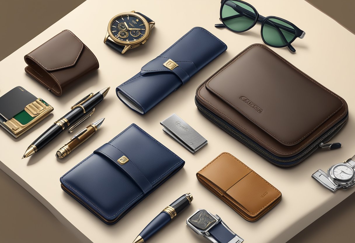 A table displaying luxury pens, leather wallets, and high-quality tech gadgets. A plaque with the company logo sits prominently in the center