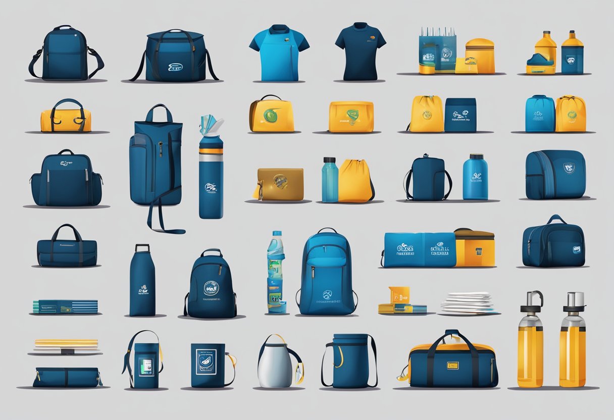 A table with branded drypacks and corporate gifts arranged neatly for display