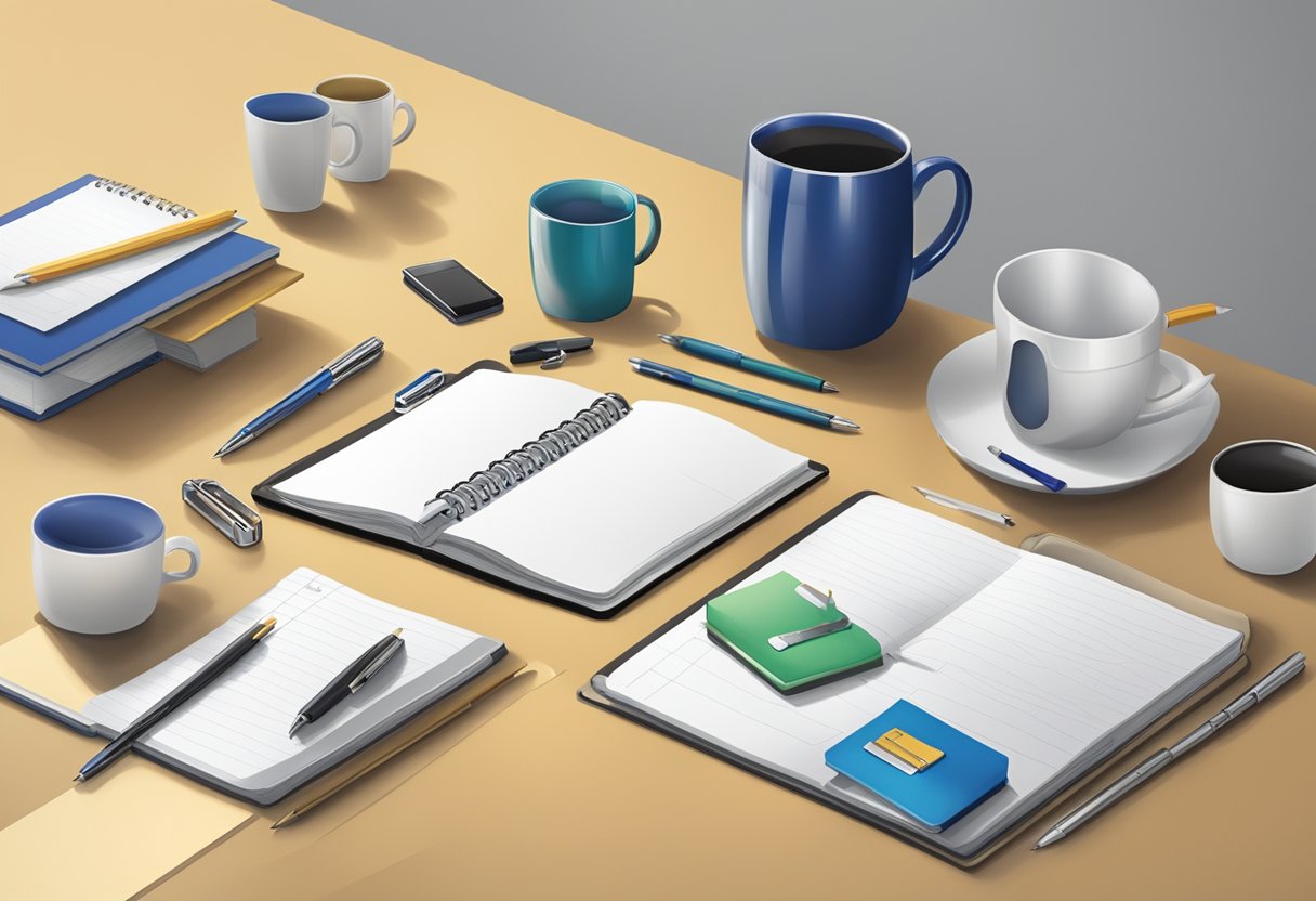 A table with branded corporate gifts, such as pens, notebooks, and mugs, displayed in an organized and appealing manner