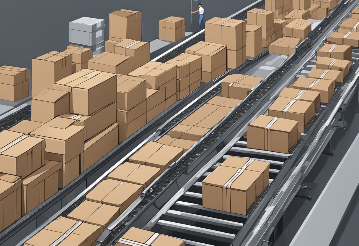 Boxes stacked neatly, conveyor belts in motion, workers labeling and packing corporate gifts for shipping