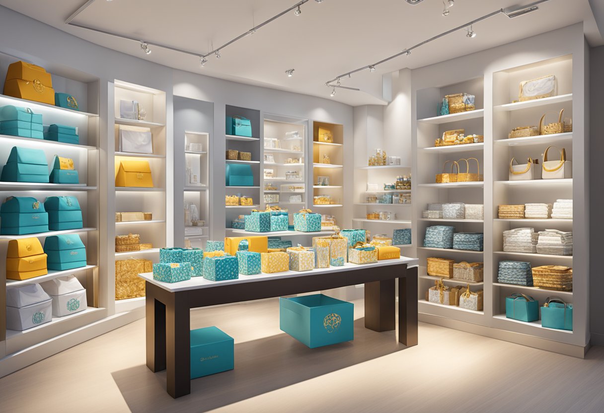A table adorned with branded merchandise, gift baskets, and elegant packaging, displayed in a well-lit showroom