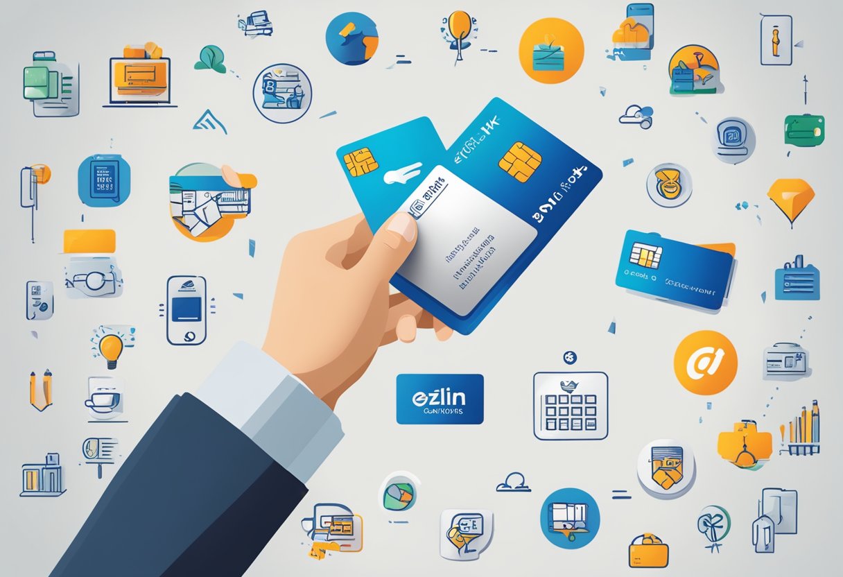 A hand holding an ezlink card, surrounded by corporate logos and symbols, illustrating the benefits of using the card as a corporate gift