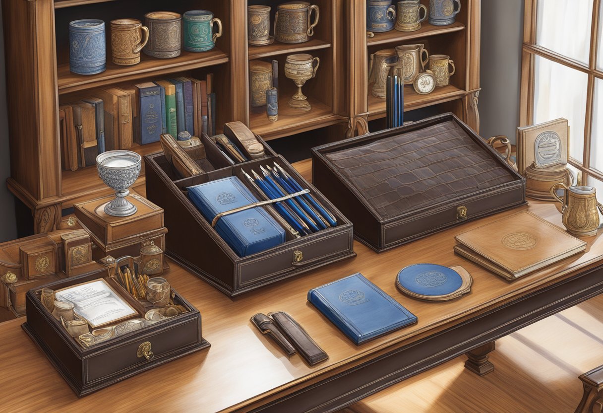 A table adorned with custom-engraved pens, embossed leather portfolios, and monogrammed mugs. A shelf displays personalized awards and plaques