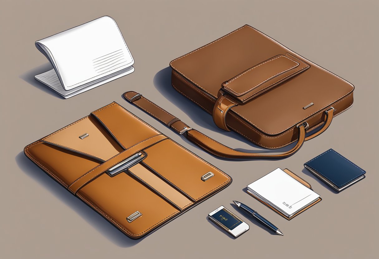 A sleek leather briefcase sits on a polished desk, surrounded by a matching leather notebook, pen, and business card holder