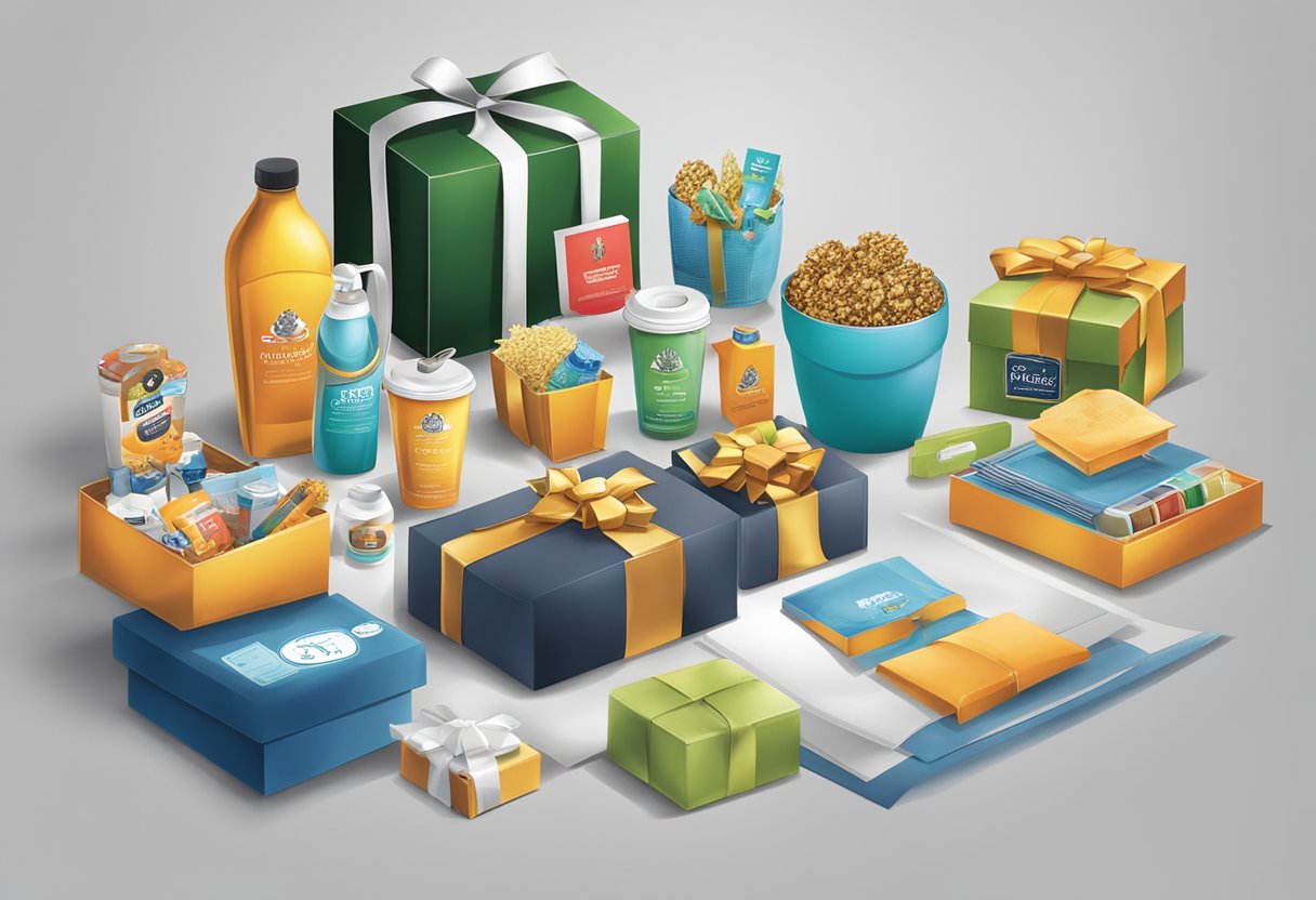 A table with various corporate gifting products displayed, including branded items, gift baskets, and promotional merchandise