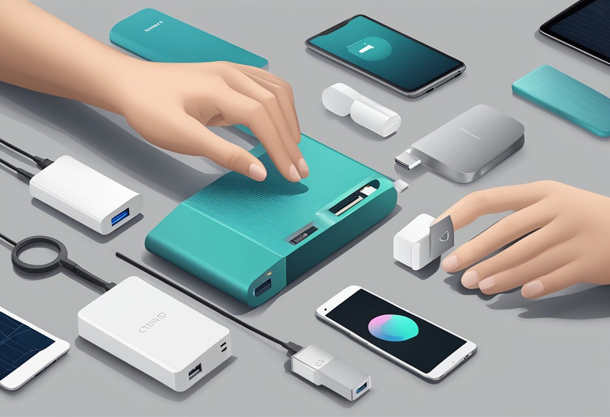 A hand reaches for a sleek, branded powerbank on a table with various options, showcasing the selection process for corporate gifts