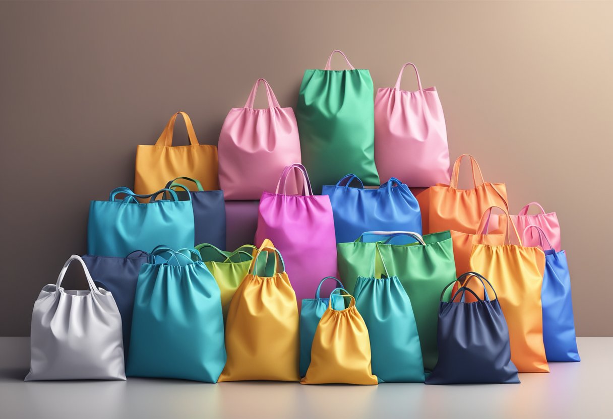 A stack of colorful foldable nylon bags arranged on a shelf