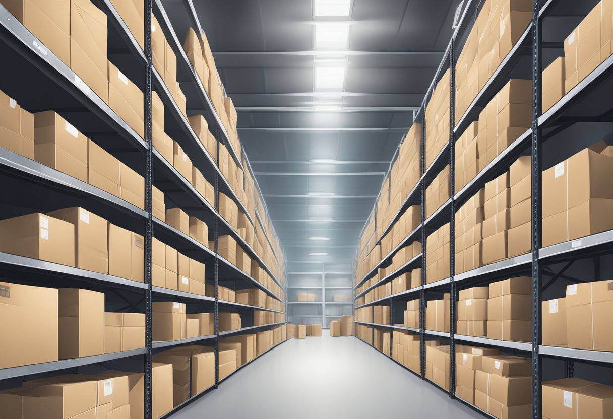 A warehouse filled with neatly stacked corporate gift drypacks ready for distribution