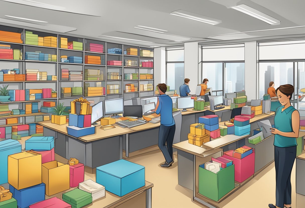A busy office with employees packing gift boxes, shelves filled with colorful products, and a logo prominently displayed