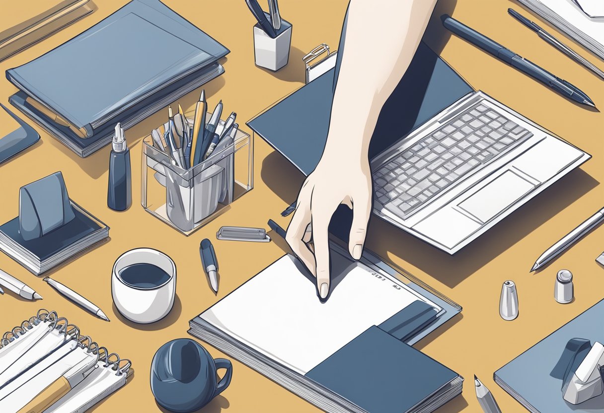 A hand reaches for a sleek pen set on a desk, surrounded by elegant corporate gifts ready to be given away